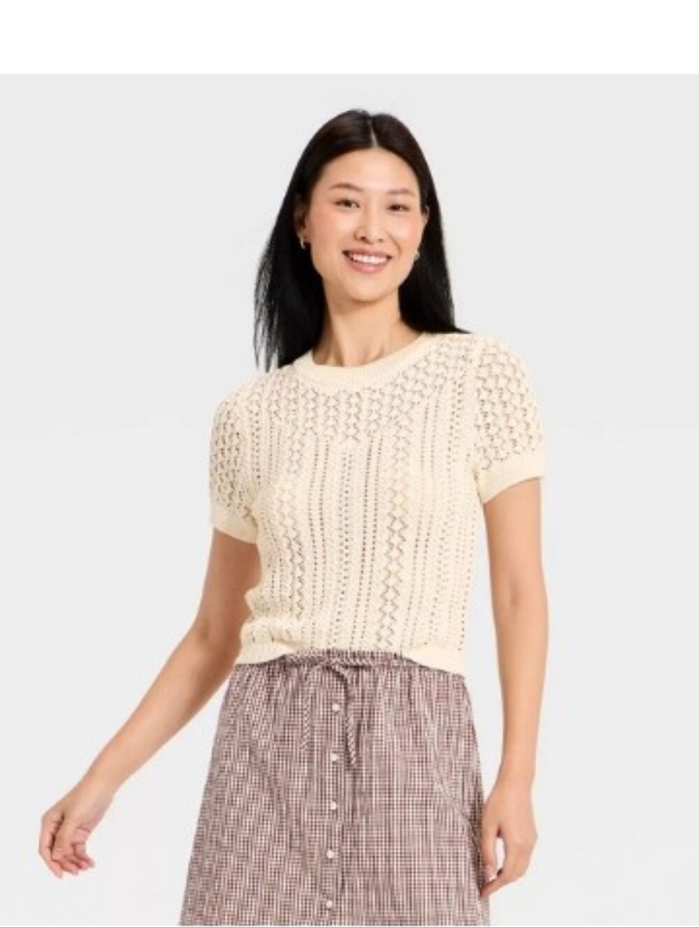 A New Day Women's Short Sleeve Crochet Sweater Top, - Cream Size Small